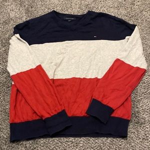 Navy, red and gray stripe sweater by Tommy Hilfiger